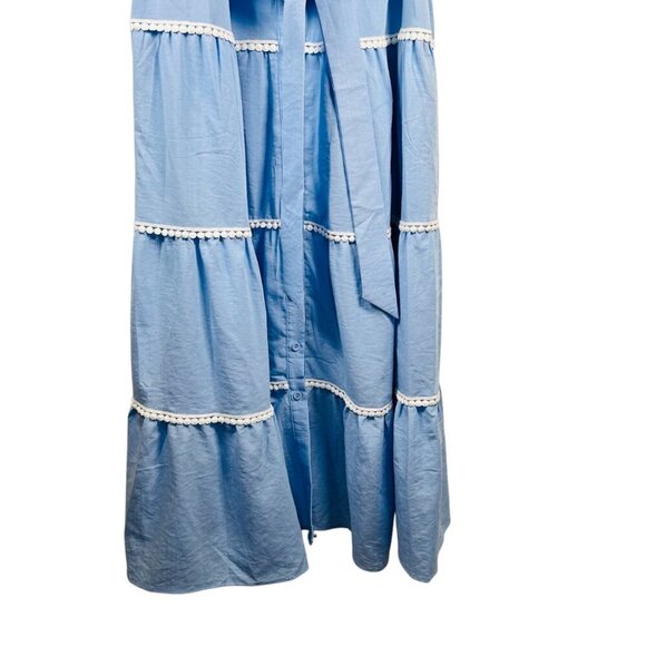 PRETTYGARDEN Summer Button Up Size Medium Bric Brac Maxi Dress Blue White Pom - Picture 4 of 7